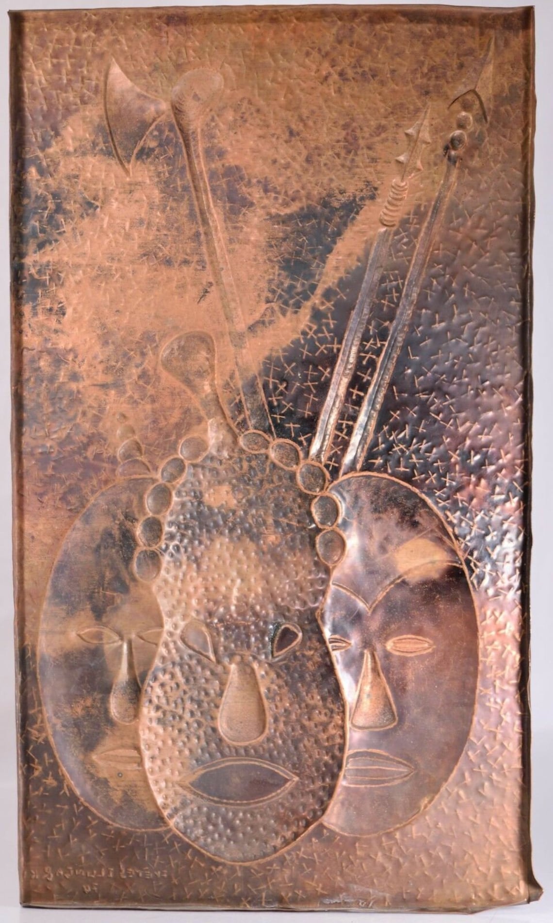 Vintage African Hammered Copper Folk Art Wall Plaque 3 Masks Etsy