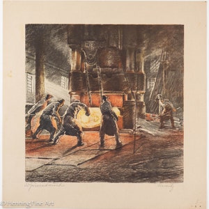 Beautiful Antique German Lithograph Arthur Brusenbauch Steel Workers, Fine!