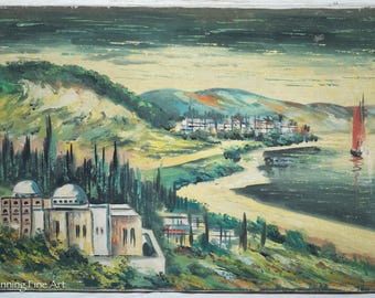 Vintage Oil Painting of Haifa Israel Coastal Landscape Signed Krulick, 16x23"