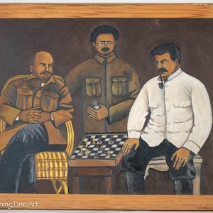 May include: A painting of three men playing chess. The man on the left is seated in a wicker chair and has a beard. The man in the middle is wearing a military uniform and holding a pocket watch. The man on the right is wearing a white shirt and has a mustache. The chessboard is in the center of the painting.