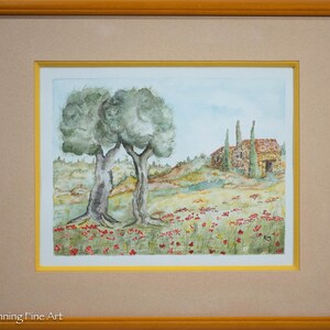 Beautiful Vintage Watercolor Painting Italian Landscape Olive Trees and Poppies