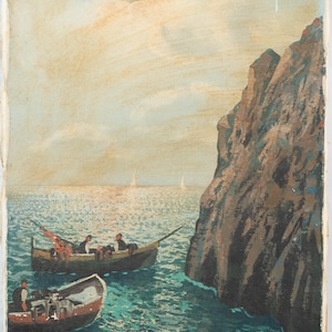 Beautiful Vintage Italian Coastal Oil Painting by M. Giordano, Ships at Cliff