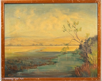 Fine Vintage Expressionist Oil Painting of Wide Hillside Landscape by Helen