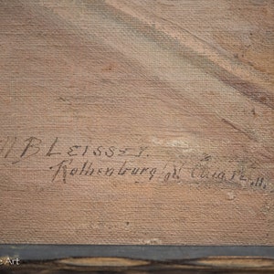 May include: A close-up of a brown canvas with black ink handwriting. The text reads "H.B. Leissl.  Kaltenburg a/d Donau."