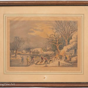 Antique Currier & Ives Lithograph Winter Evening Ice Skating Boys and Bonfire