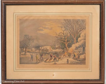 Antique Currier & Ives Lithograph Winter Evening Ice Skating Boys and Bonfire