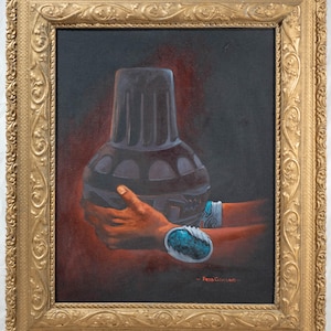 May include: A painting of a hand holding a dark brown ceramic pot with intricate designs. The hand is wearing a turquoise and silver bracelet. The background is dark.
