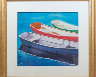 Beautiful Joanne Parent Pastel Painting of Three Boats on the Water, FINE!