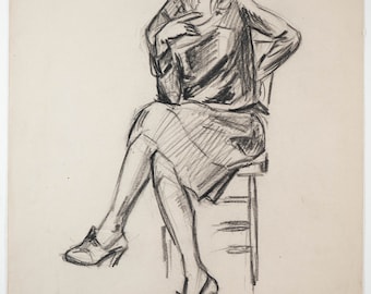 May include: A black and white pencil drawing of a woman sitting on a chair. She is wearing a long-sleeved shirt and a skirt. Her hair is pulled back and she is looking straight ahead.