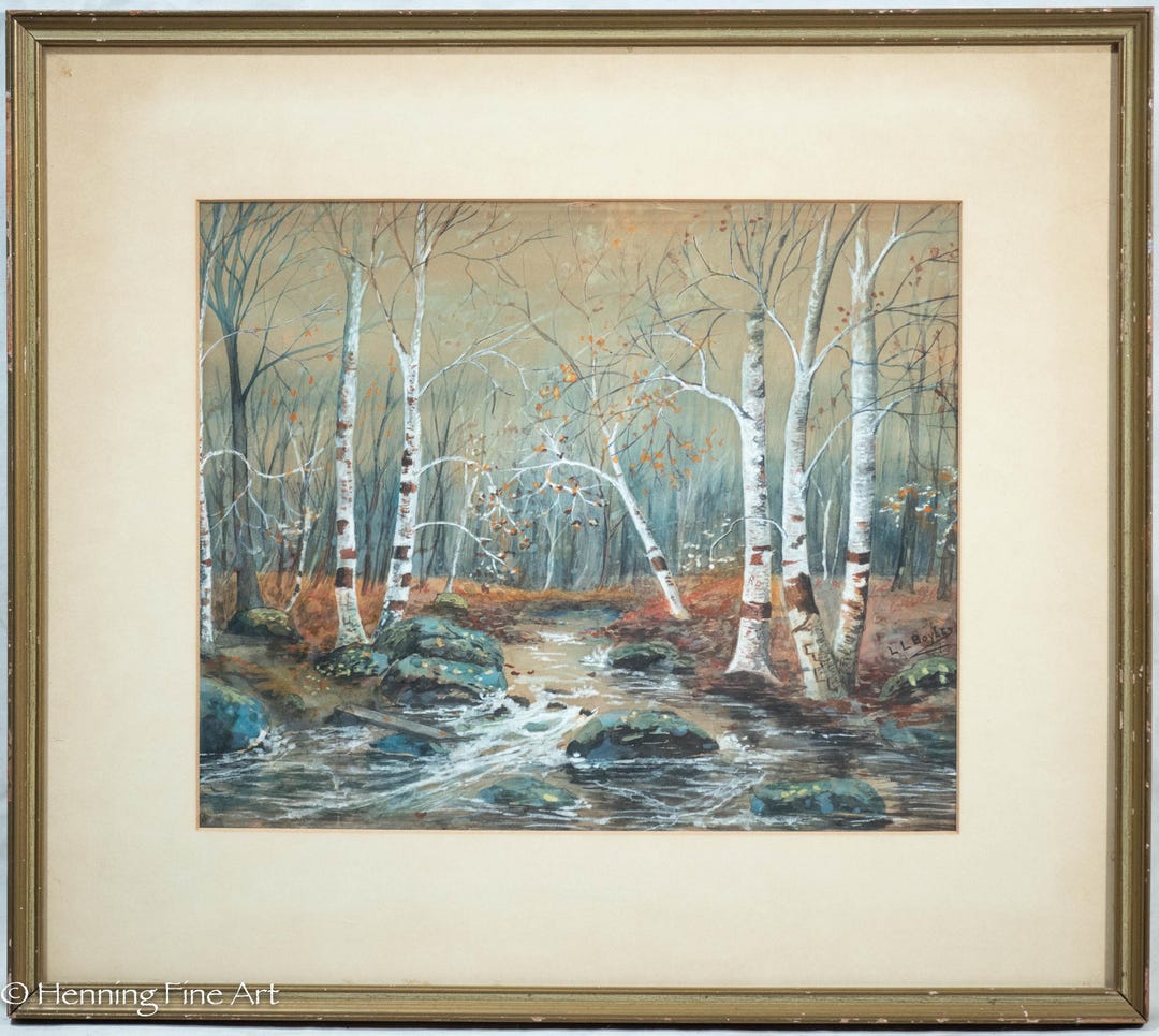 Beautiful Antique Painting Wooded Landscape With River & Birch Trees LL ...