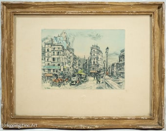 Beautiful Antique French Etching of Sur le Pont-Neuf Paris Cityscape, Framed