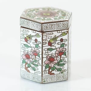 Vintage Asian Cloisonne Hexagonal Lidded Box, Lovely Floral Pattern, Signed