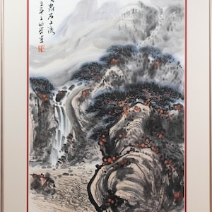 Beautiful Chinese Painting Mountain Landscape with Waterfall and Flowers, Signed
