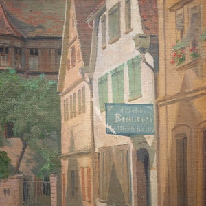 May include: A painting of a narrow street in a European town. The buildings are old and have a rustic charm. There is a sign hanging from one of the buildings that reads "Altstadtl Brauerai Wien's 1887".