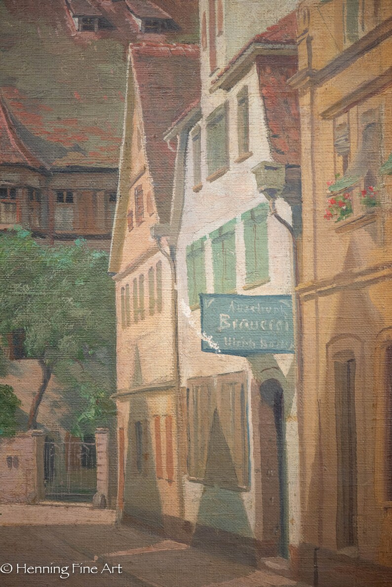 May include: A painting of a narrow street in a European town. The buildings are old and have a rustic charm. There is a sign hanging from one of the buildings that reads "Altstadtl Brauerai Wien's 1887".