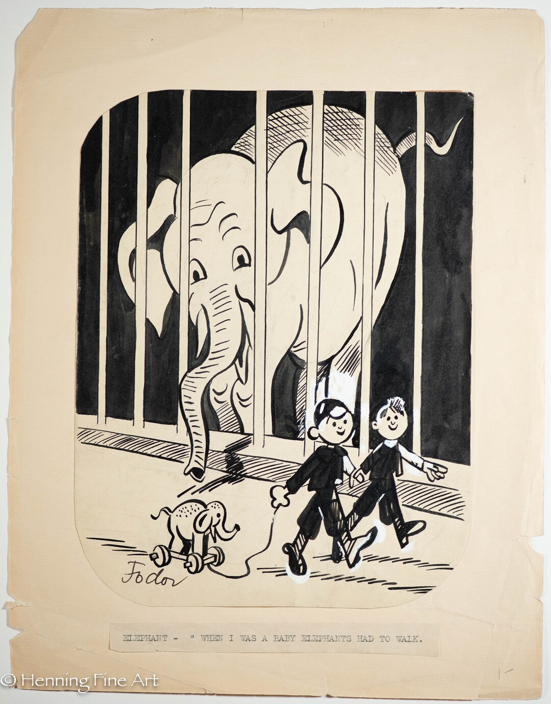 Rare Laszlo Fodor Antique Illustration Painting Elephant Zoo