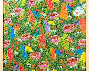 May include: Colorful painting depicting figures harvesting in a lush green field. The artwork features people in vibrant clothing, carrying baskets filled with produce. The scene is surrounded by dense foliage and orange berries, creating a lively and detailed composition.