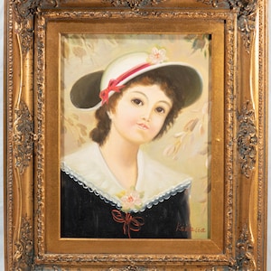 Beautiful Oil Painting of Girl in Floral Hat Signed Kiralia in Fine Gold Frame!