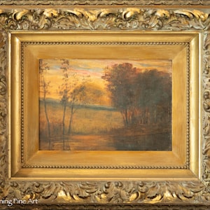 Stunning Antique Oil Painting Tonalist French School Sunset Landscape, Framed