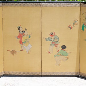 Beautiful Vintage Hand Painted Asian Screen of Children Playing, Signed & FINE!