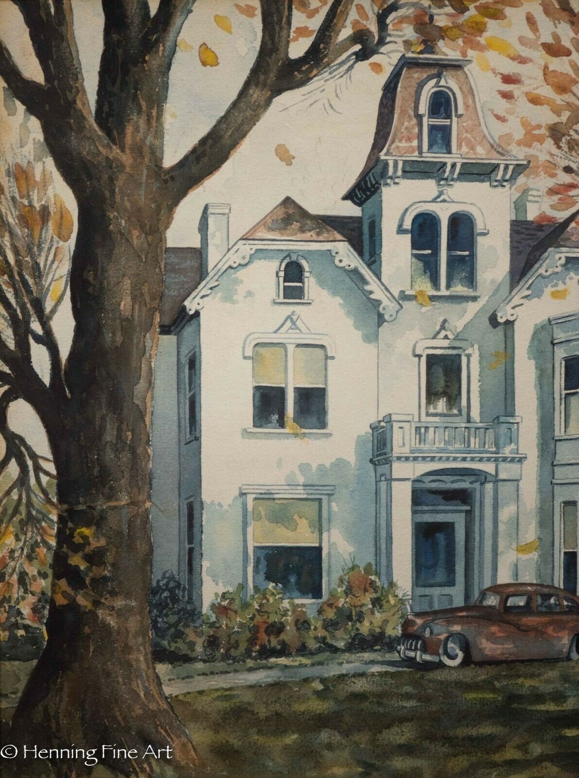 Wonderful Vintage / Antique Watercolor Painting of Old House & Car ...