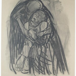 Vintage Kathe Kollwitz Lithograph Macabre Death Holding Child on Fine Laid Paper