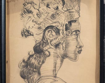 May include: A black and white pencil drawing of a woman's head in profile, wearing a headdress with intricate details. The woman's hair is long and flowing, and her expression is serene.