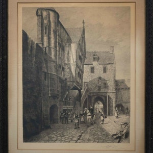 Antique European Etching Street Scene with Figures Signed