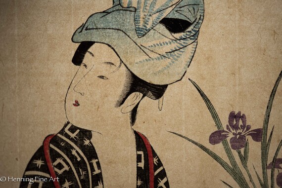 Beautiful Antique Japanese Woodblock of Geisha Washing Fabric With