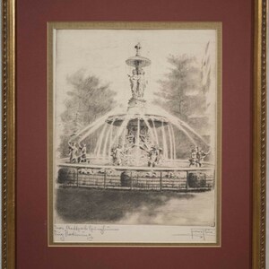 May include: A black and white etching of a fountain with a central column and multiple figures. The fountain is surrounded by trees and a fence. The text "Einer Stadtpark Springbrunnen" and "Ing. Radlmaier" is visible in the bottom left corner.