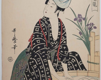 Beautiful Antique Japanese Woodblock of Geisha Washing Fabric with Flowers