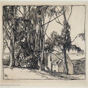 May include: A black and white etching of a landscape featuring tall trees, a house, and a distant body of water. The artwork is signed and titled "Heights of Berkeley."