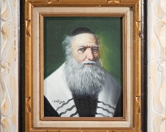 Beautiful Vintage Oil Painting Judaic Rabbi Portrait Signed & Framed in White