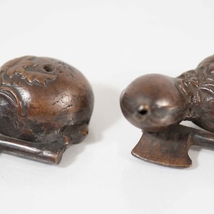 Meiji Period Antique Japanese Bronze Suiteki Water Dropper Gourd with Axe, Pair!