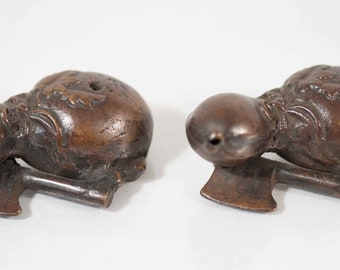 Meiji Period Antique Japanese Bronze Suiteki Water Dropper Gourd with Axe, Pair!