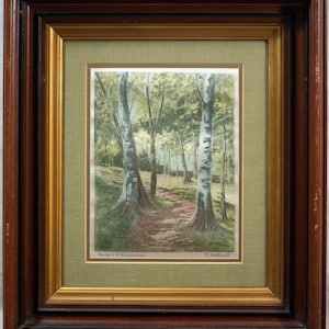 Beautiful Vintage German Silk Etching Wooded Spring Landscape Illegibly Signed