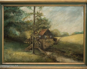Antique Oil Painting on Canvas of Landscape with Homestead, Unsigned & Nice!
