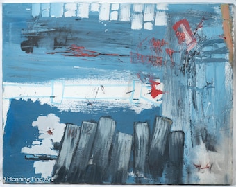 Beautiful Vintage Expressionist Oil Painting of Blue, Grey and Red, Lovely 22x28