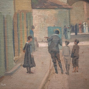 May include: A painting depicting a group of people in a street scene. The figures are painted in a realistic style, with a focus on their clothing and expressions. The scene is set in a European city, with buildings and cobblestone streets visible in the background.