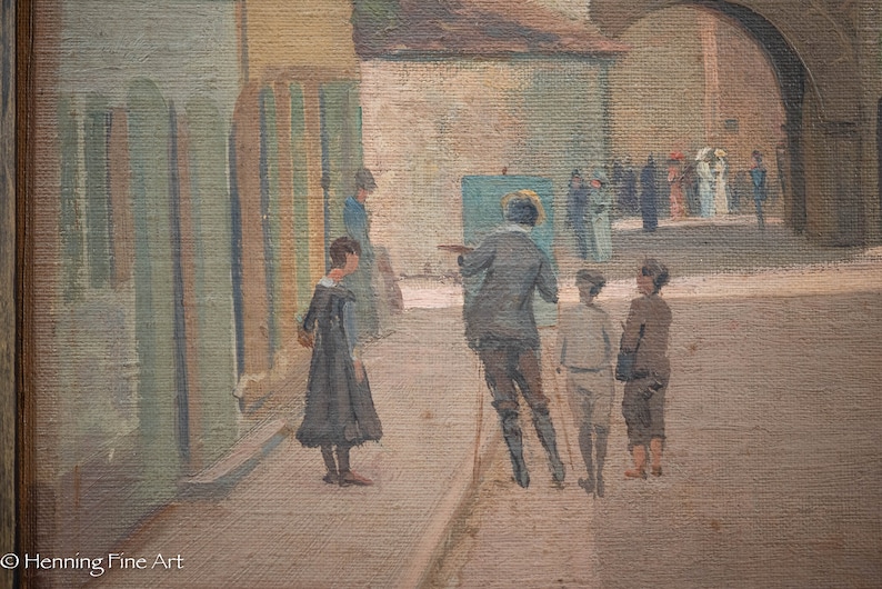 May include: A painting depicting a group of people in a street scene. The figures are painted in a realistic style, with a focus on their clothing and expressions. The scene is set in a European city, with buildings and cobblestone streets visible in the background.