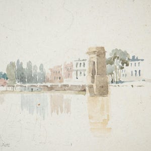 Antique English Watercolor of the Hammersmith Bridge over Thames River, C. 1830
