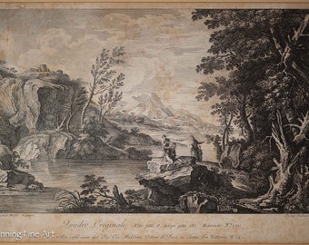 May include: A black and white engraving of a landscape scene with a river, trees, and mountains. The engraving is titled "Quadro Originale" and includes the text "Alto piti e largo pite 131 Marcate Vazo" and "will coleriane All My Vis Malduna Sittion de tees in Sans The Villiers Wild".