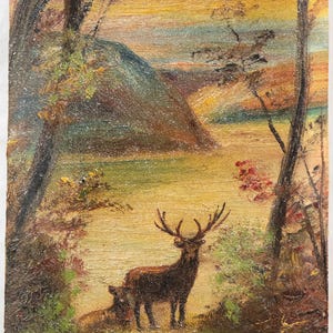 Stunning Antique Oil Painting of River Valley Landscape at Sunset with Deer FINE