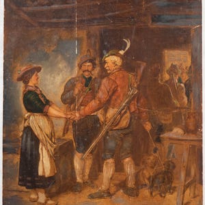 Stunning Antique Oil Painting Mixed Media of Men Hunting with Dogs in Tavern