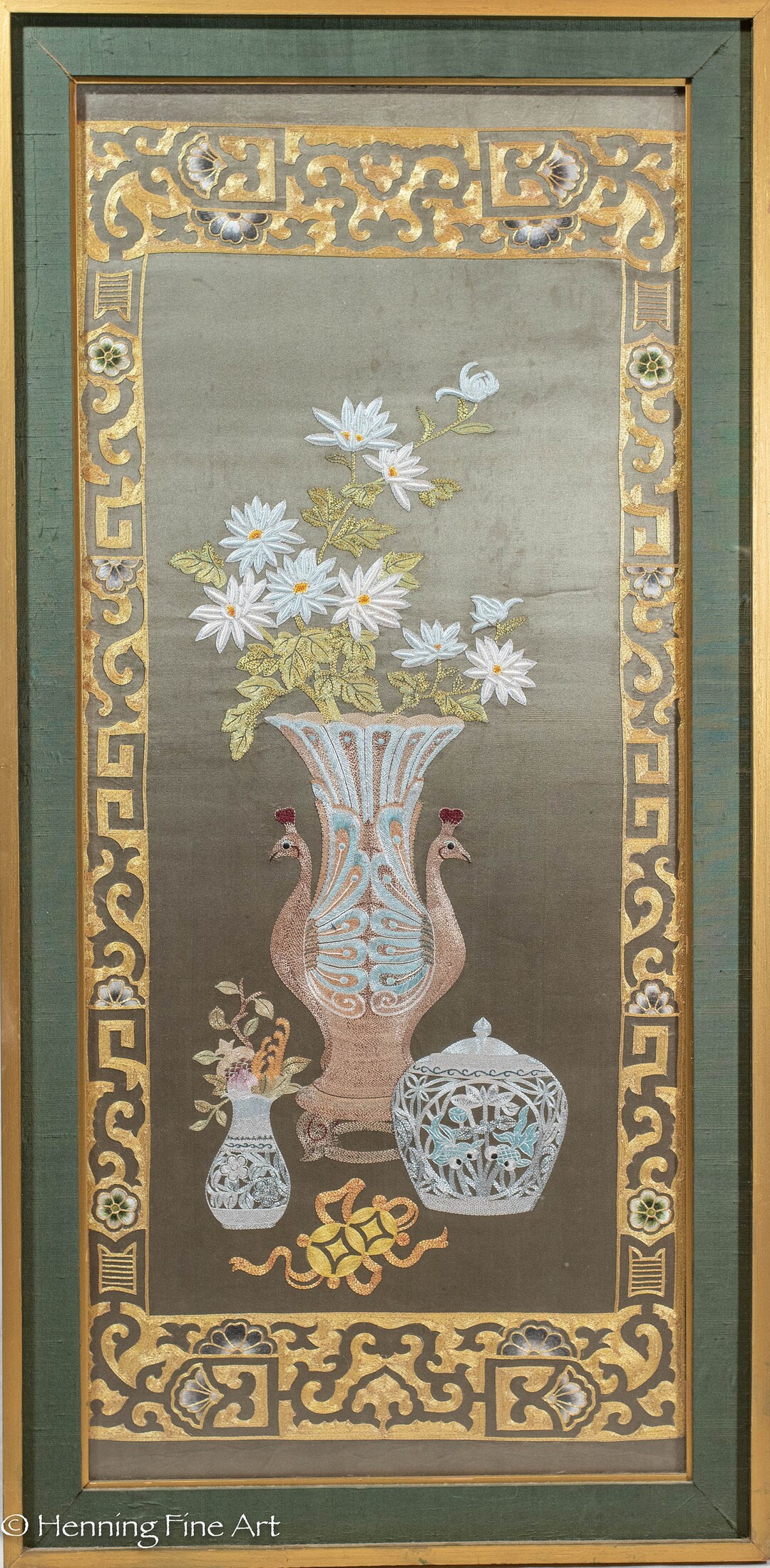 Beautiful Vintage Chinese Silk Embroidery Tapestry Bird Vase - Etsy