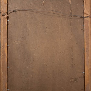 May include: The back of a brown wooden picture frame with a brown paper backing. The frame has a wire hanger attached to the back. The paper backing has a small inscription that reads "Henning Fine Art".