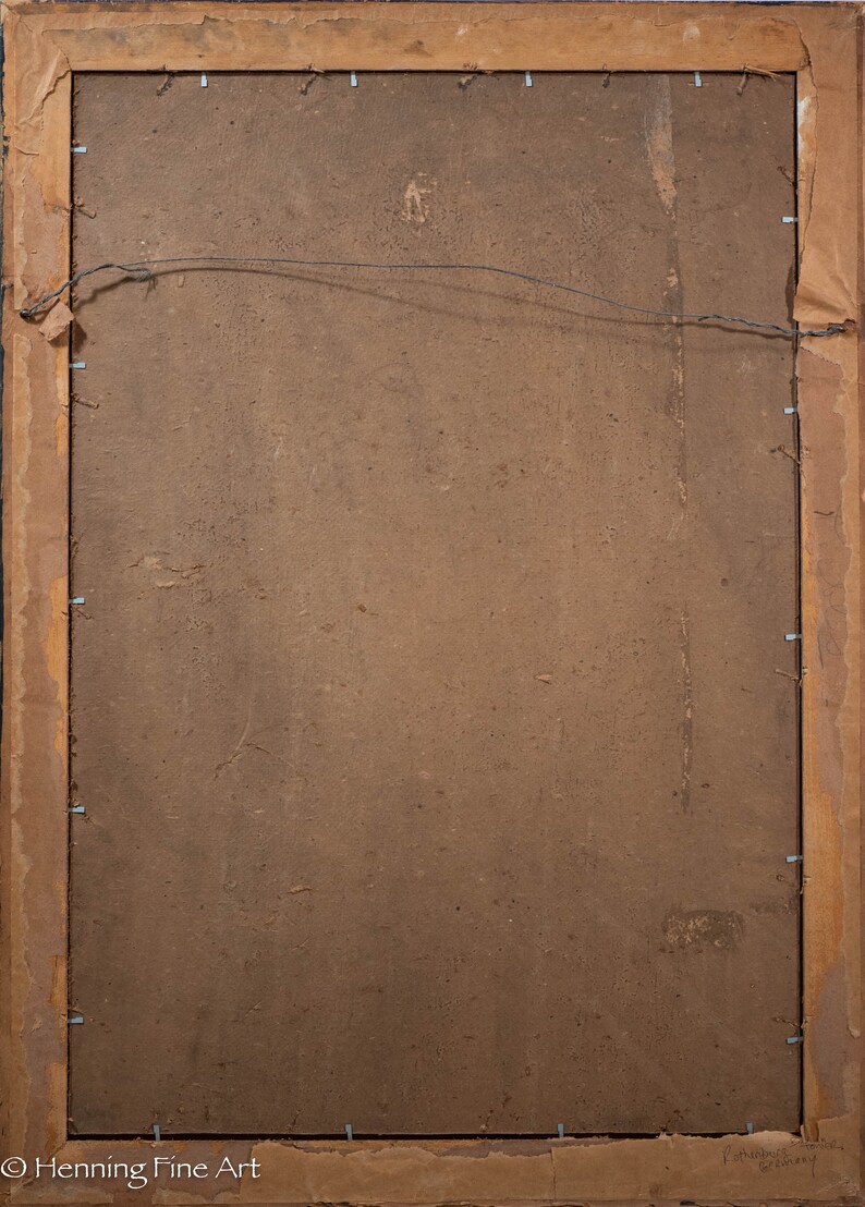 May include: The back of a brown wooden picture frame with a brown paper backing. The frame has a wire hanger attached to the back. The paper backing has a small inscription that reads "Henning Fine Art".