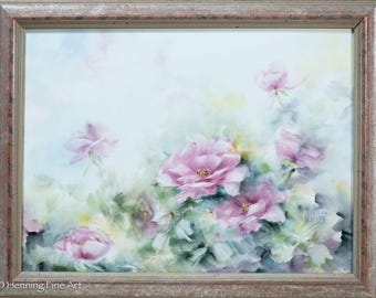 Beautiful Vintage Floral Painting on Porcelain Tile of Pink Roses, Signed!