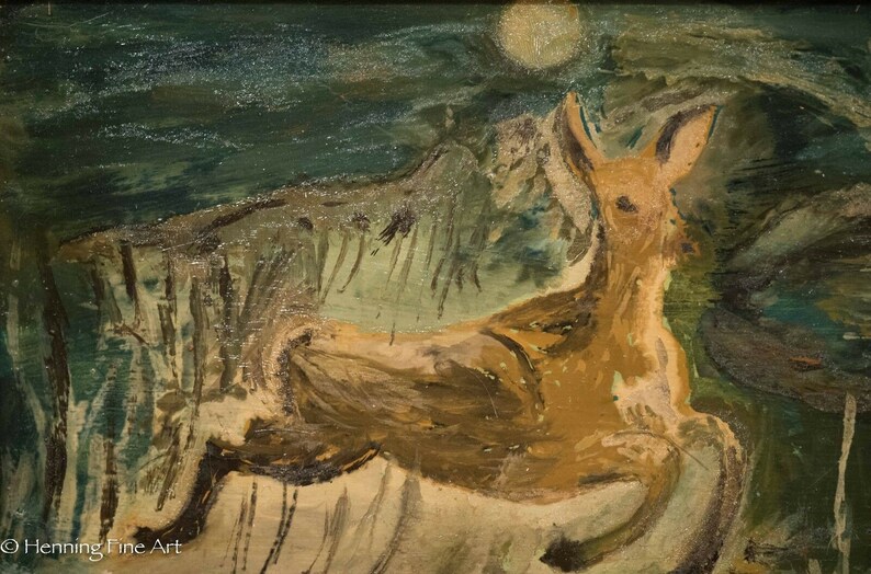American Oil Painting Naive Art Movement of Doe in Night Landscape by Nicholas