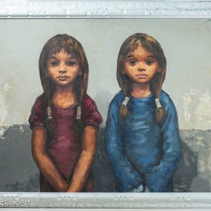 Beautiful Large Vintage Impressionist Painting of Two Twin Girls, Signed!